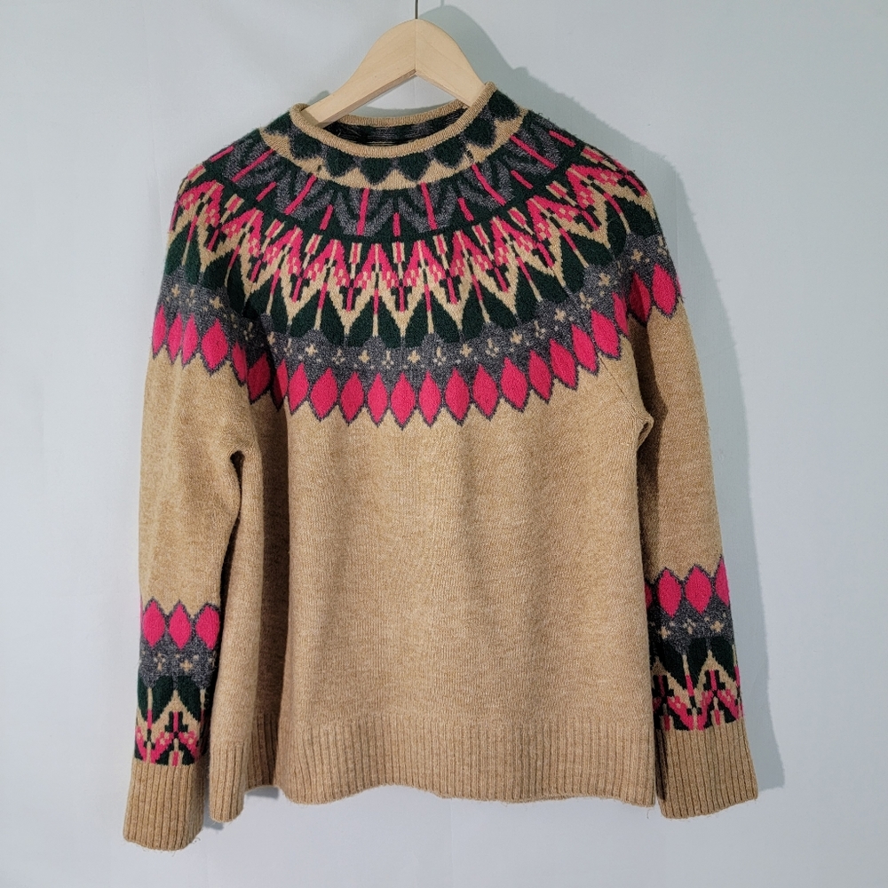 Vince Camuto Khaki/Pink/Green Fair Isle Highneck Sweater Size A Soft & Warm